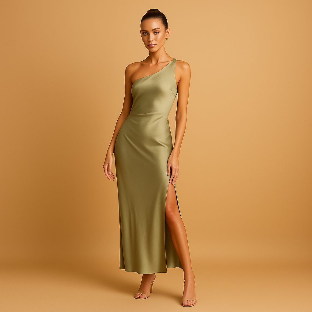 Abendkleid lang mit asymmetrischem Schnitt und Split für besondere Anlässe | Delphine-Zermatt Boutique
