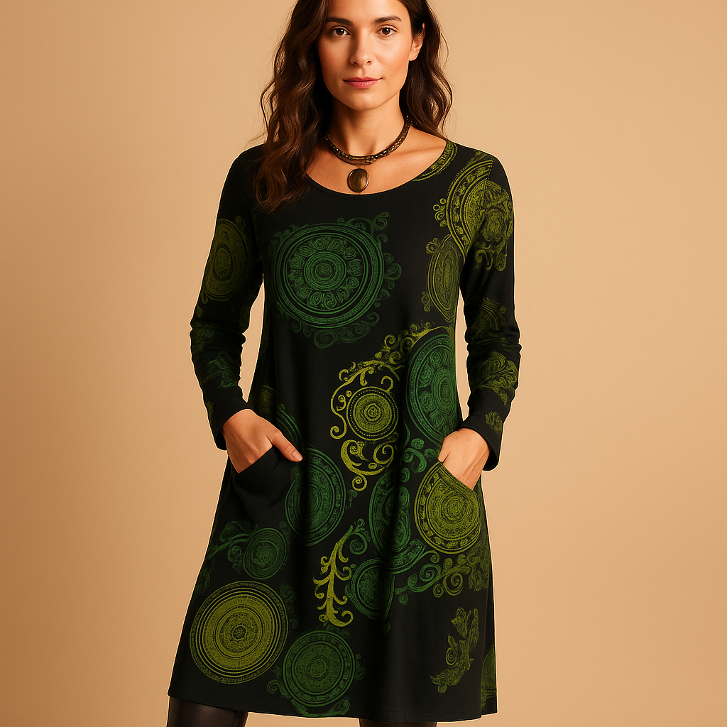 Bohemian Maxi Kleid mit langen Ärmeln und Taschen | Iris-Zermatt Boutique