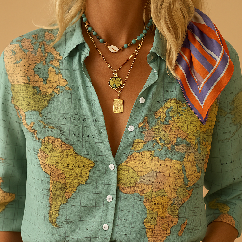 Damen Bluse mit Weltkartendruck und halbem Knopfverschluss | Linde-Zermatt Boutique