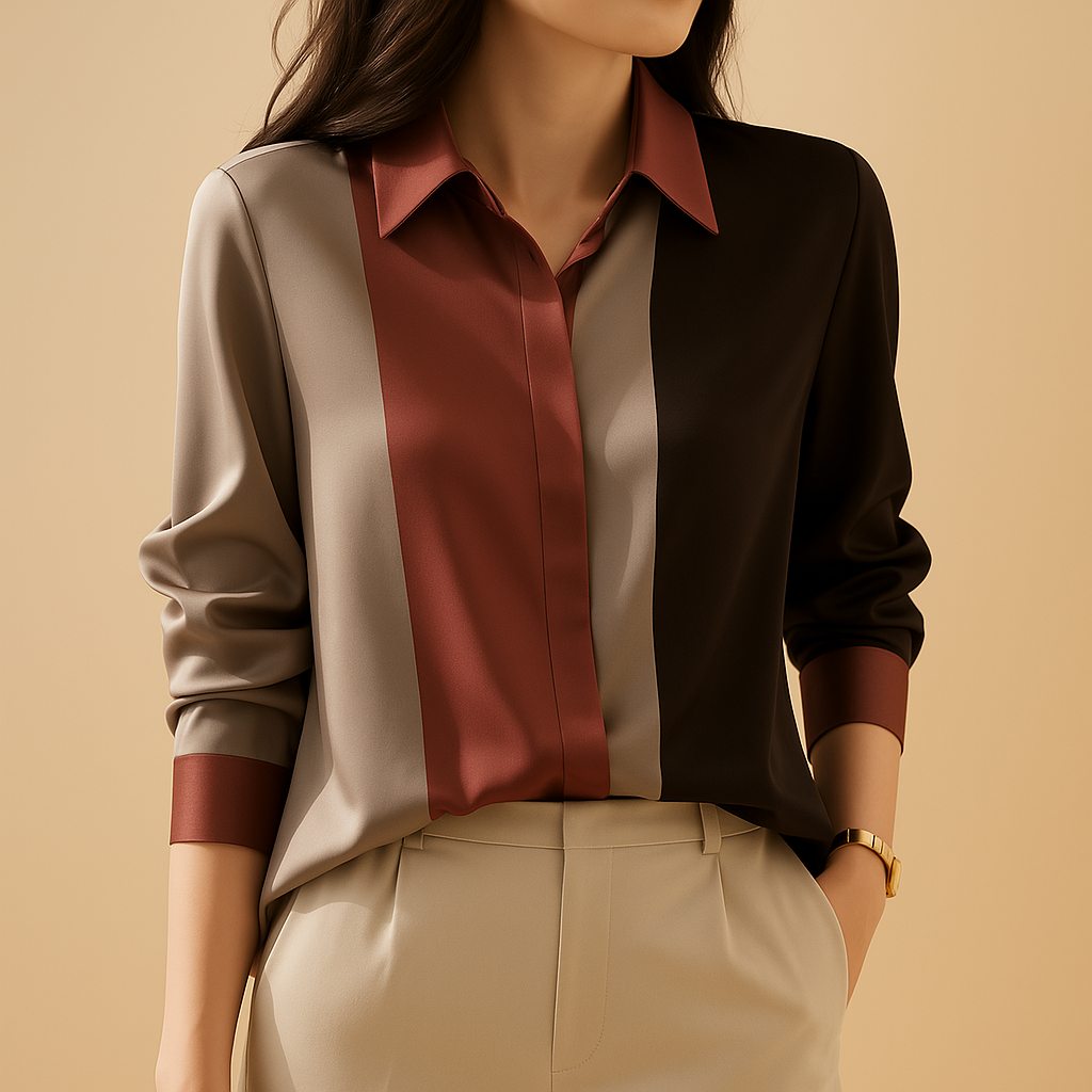 Elegante Bluse Damen aus Satin mit Patchwork-Streifen | Giselle-Zermatt Boutique