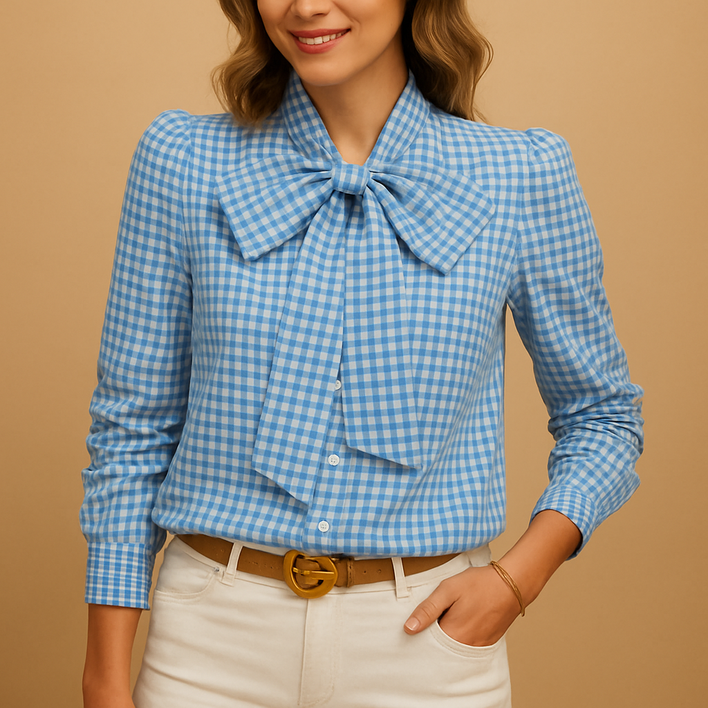 Elegante Bluse Damen mit Kariertem Muster und Bogendetail | Clara-Zermatt Boutique