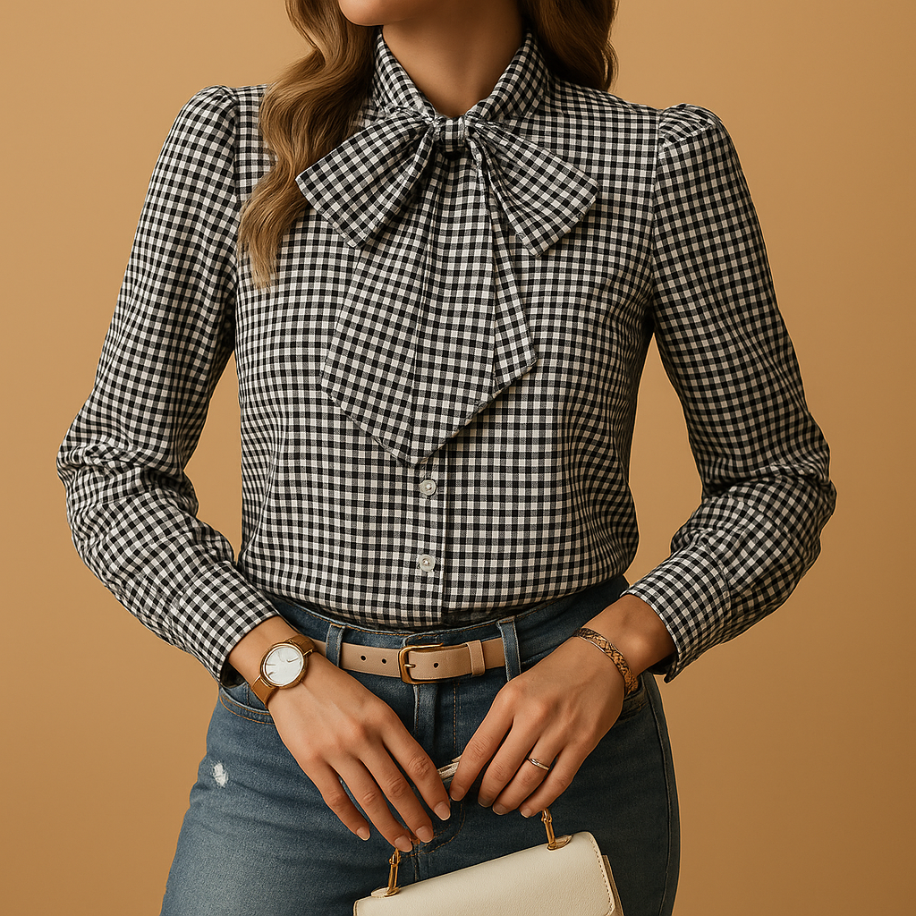 Elegante Bluse Damen mit Kariertem Muster und Bogendetail | Clara-Zermatt Boutique