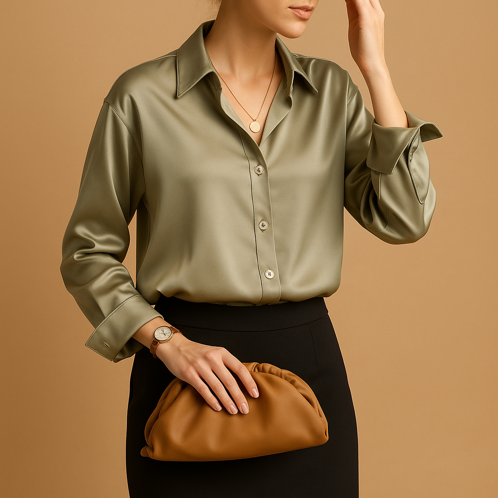 Elegante Bluse Damen mit verändertem Kragen aus Satin | Mirthe-Zermatt Boutique