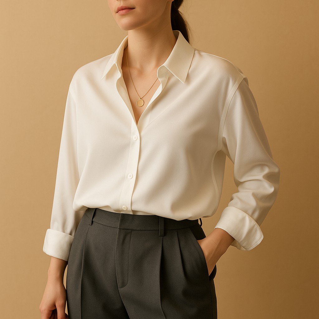 Elegante Bluse Damen mit verändertem Kragen aus Satin | Mirthe-Zermatt Boutique