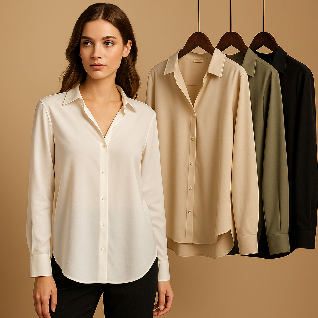 Elegante Bluse Damen mit verändertem Kragen aus Satin | Mirthe-Zermatt Boutique