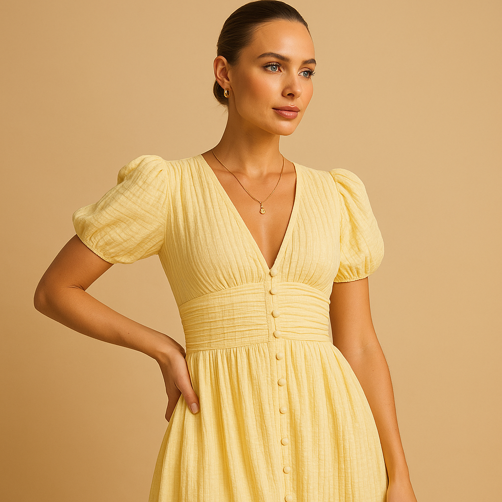 Elegantes Maxikleid mit Knopfverschluss und langen Ärmeln | Lara-Zermatt Boutique