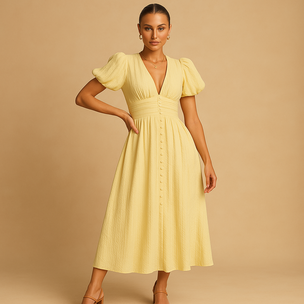 Elegantes Maxikleid mit Knopfverschluss und langen Ärmeln | Lara-Zermatt Boutique