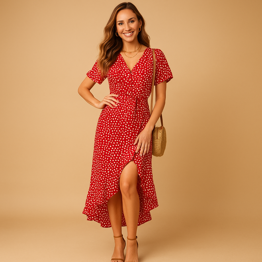Elegantes Wrap-Kleid mit V-Ausschnitt und asymmetrischem Rock | Mila-Zermatt Boutique