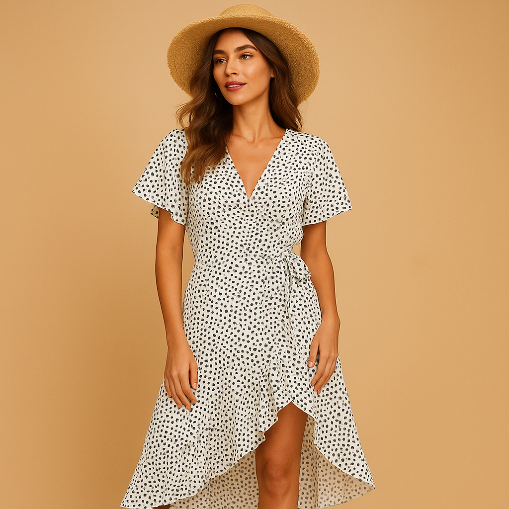Elegantes Wrap-Kleid mit V-Ausschnitt und asymmetrischem Rock | Mila-Zermatt Boutique