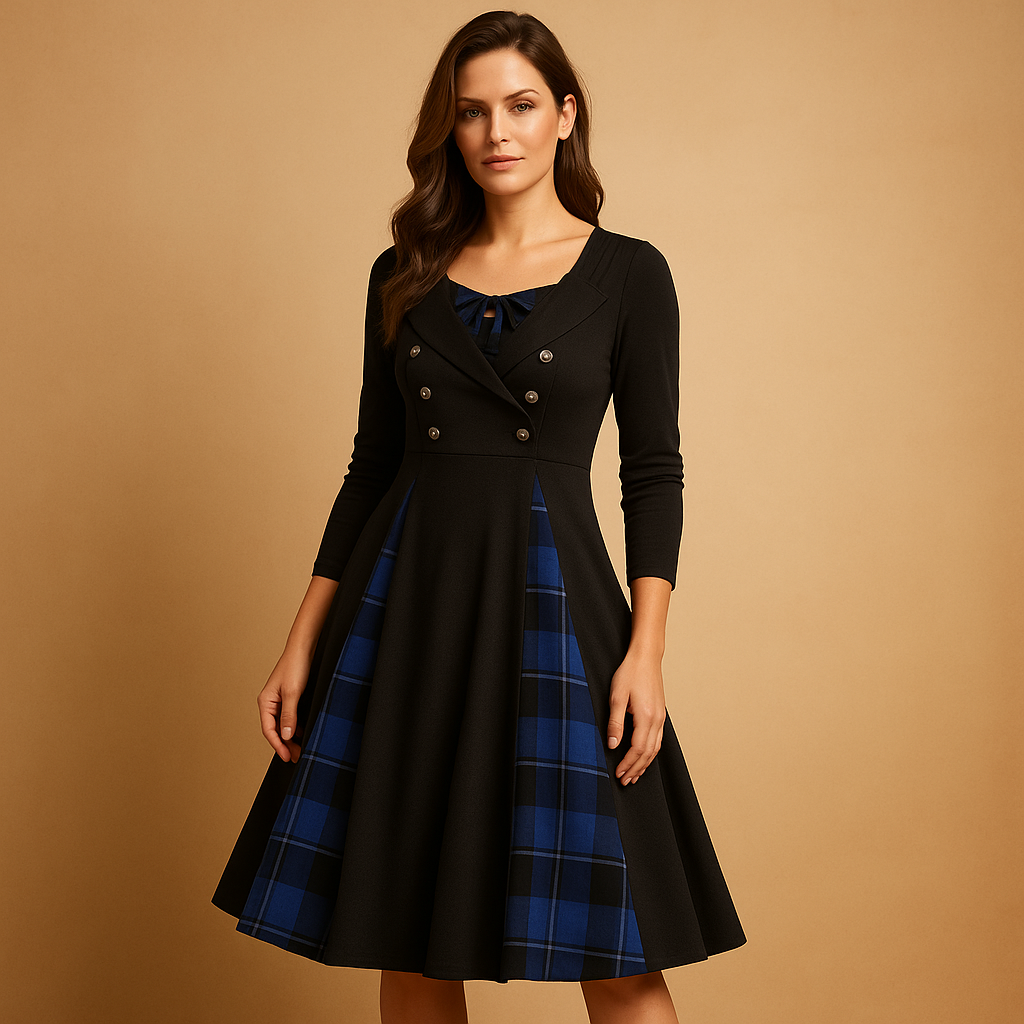 Festliches A-Line Kleid mit Knopfverschluss und kariertem Muster | Rania-Zermatt Boutique