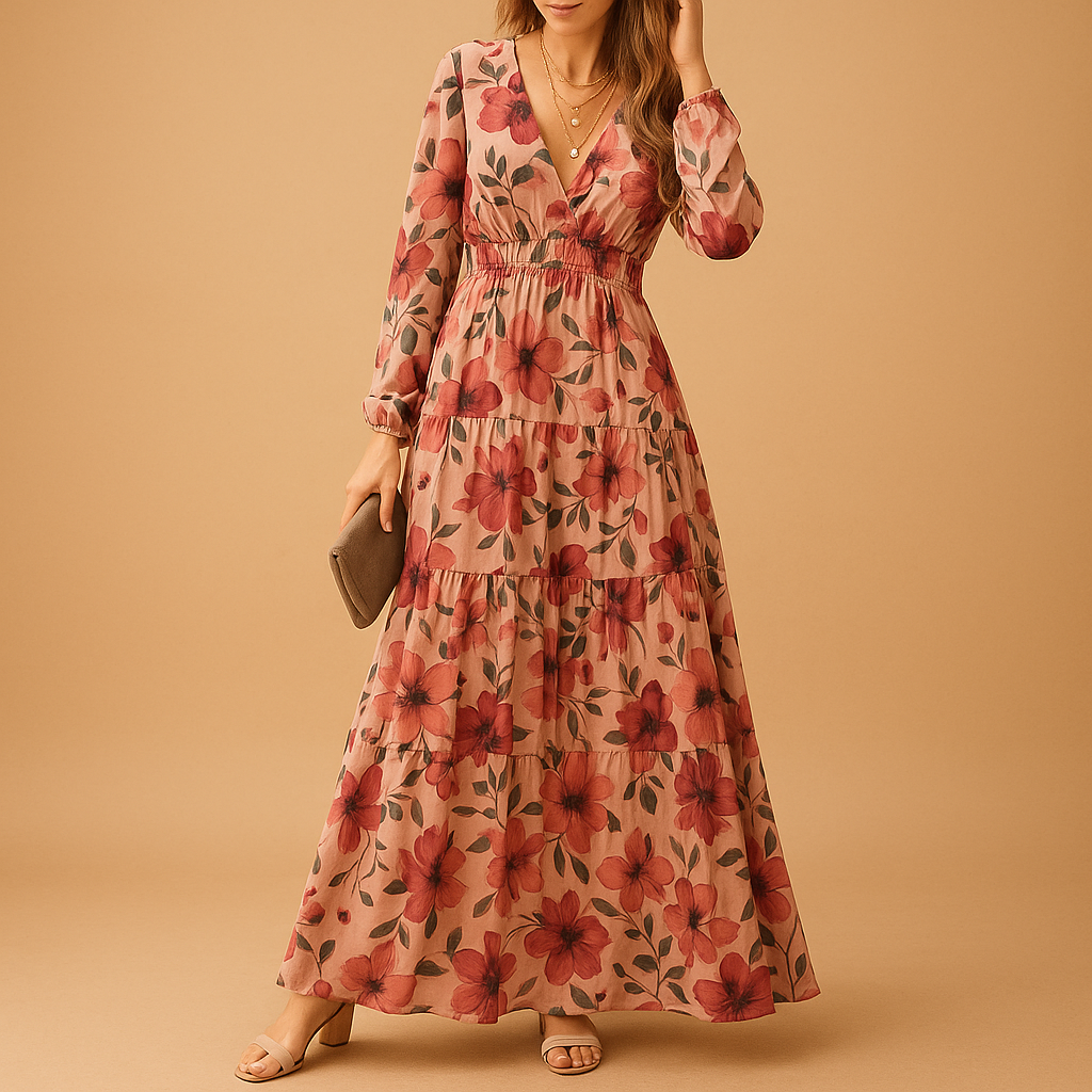 Sommerkleid lang mit Blumendruck und V-Ausschnitt | Noa-Zermatt Boutique