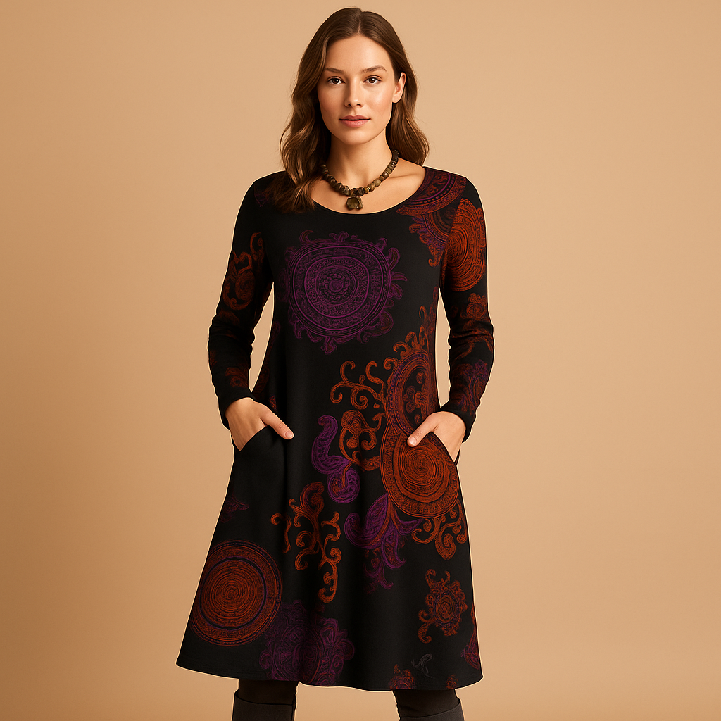 Bohemian Maxi Kleid mit langen Ärmeln und Taschen | Iris-Zermatt Boutique