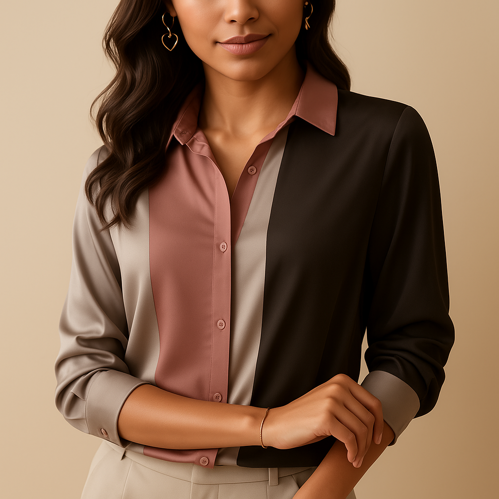 Elegante Bluse Damen aus Satin mit Patchwork-Streifen | Giselle-Zermatt Boutique