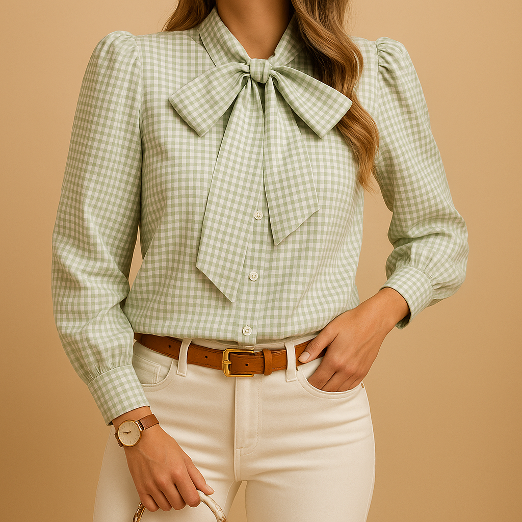 Elegante Bluse Damen mit Kariertem Muster und Bogendetail | Clara-Zermatt Boutique
