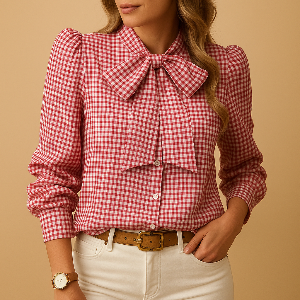 Elegante Bluse Damen mit Kariertem Muster und Bogendetail | Clara-Zermatt Boutique
