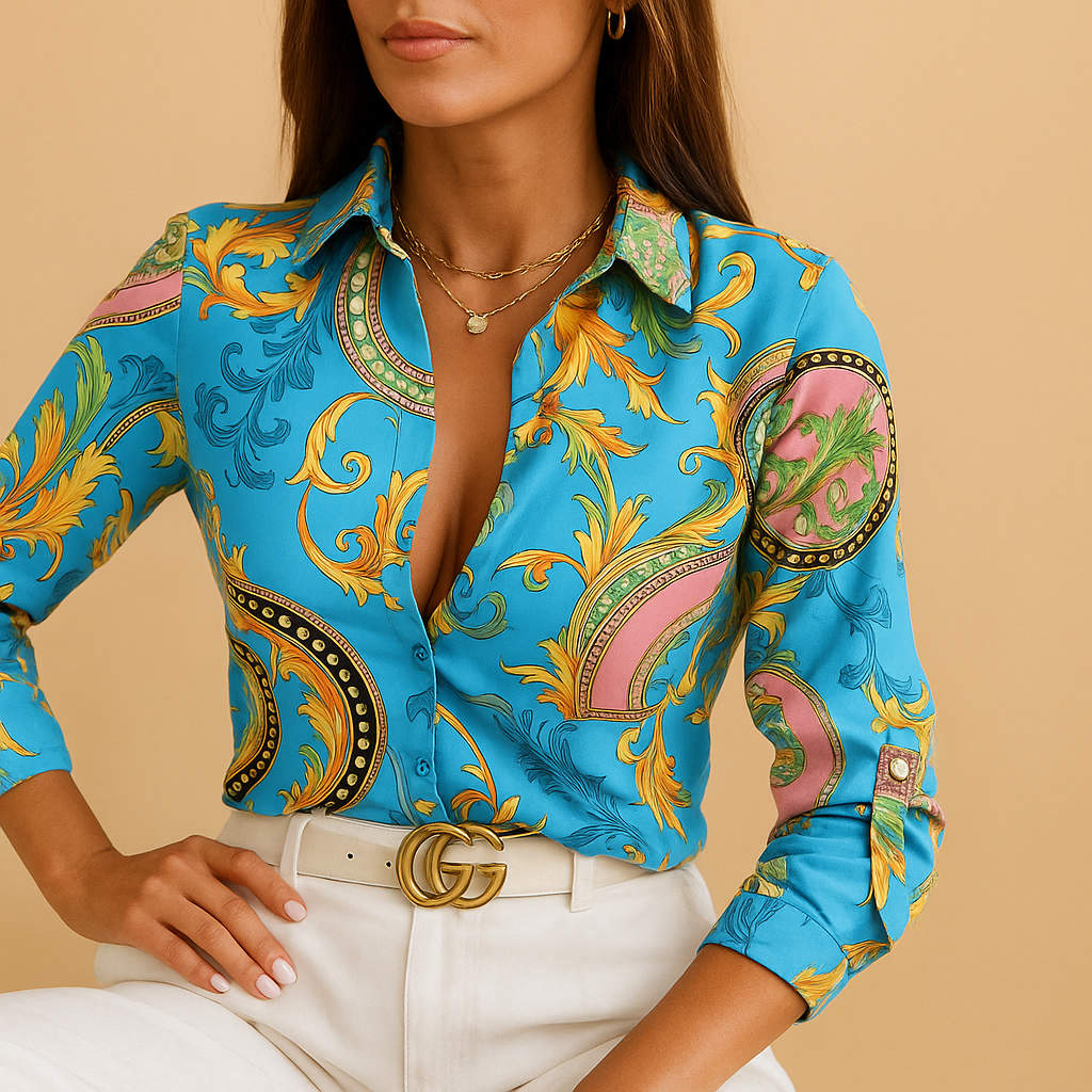 Elegante Bluse Damen mit Transhipment Hals und Druck | Nina-Zermatt Boutique