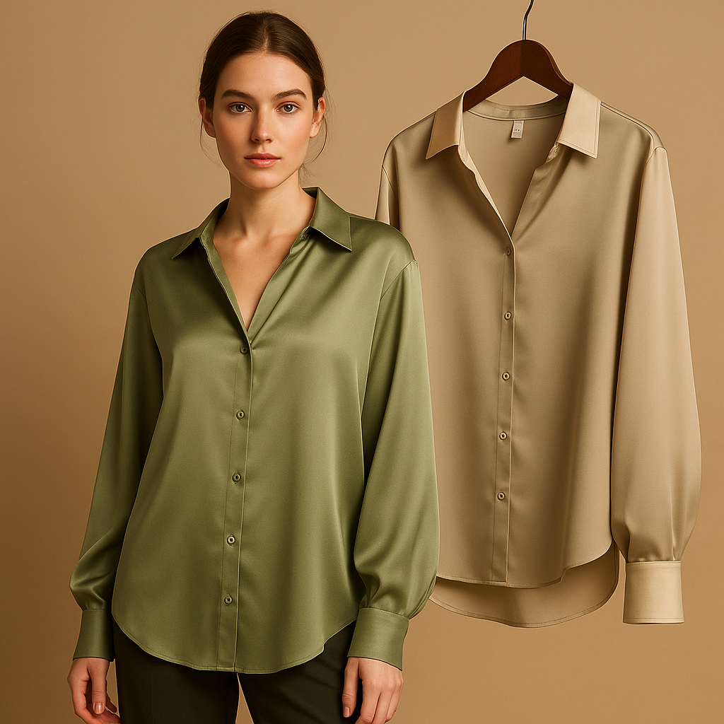 Elegante Bluse Damen mit verändertem Kragen aus Satin | Mirthe-Zermatt Boutique