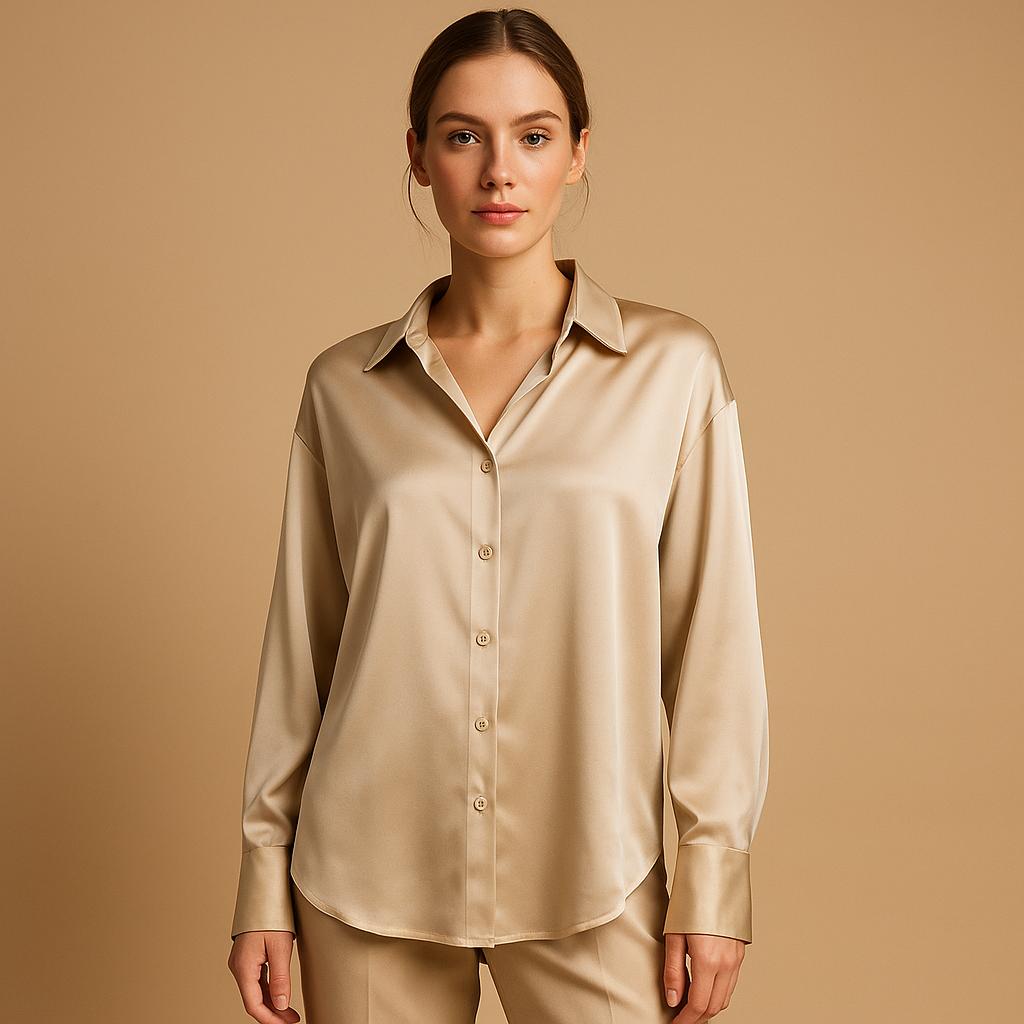 Elegante Bluse Damen mit verändertem Kragen aus Satin | Mirthe-Zermatt Boutique