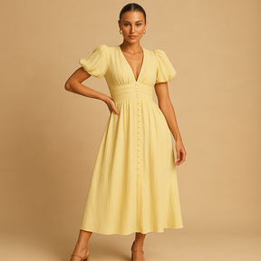Elegantes Maxikleid mit Knopfverschluss und langen Ärmeln | Lara-Zermatt Boutique