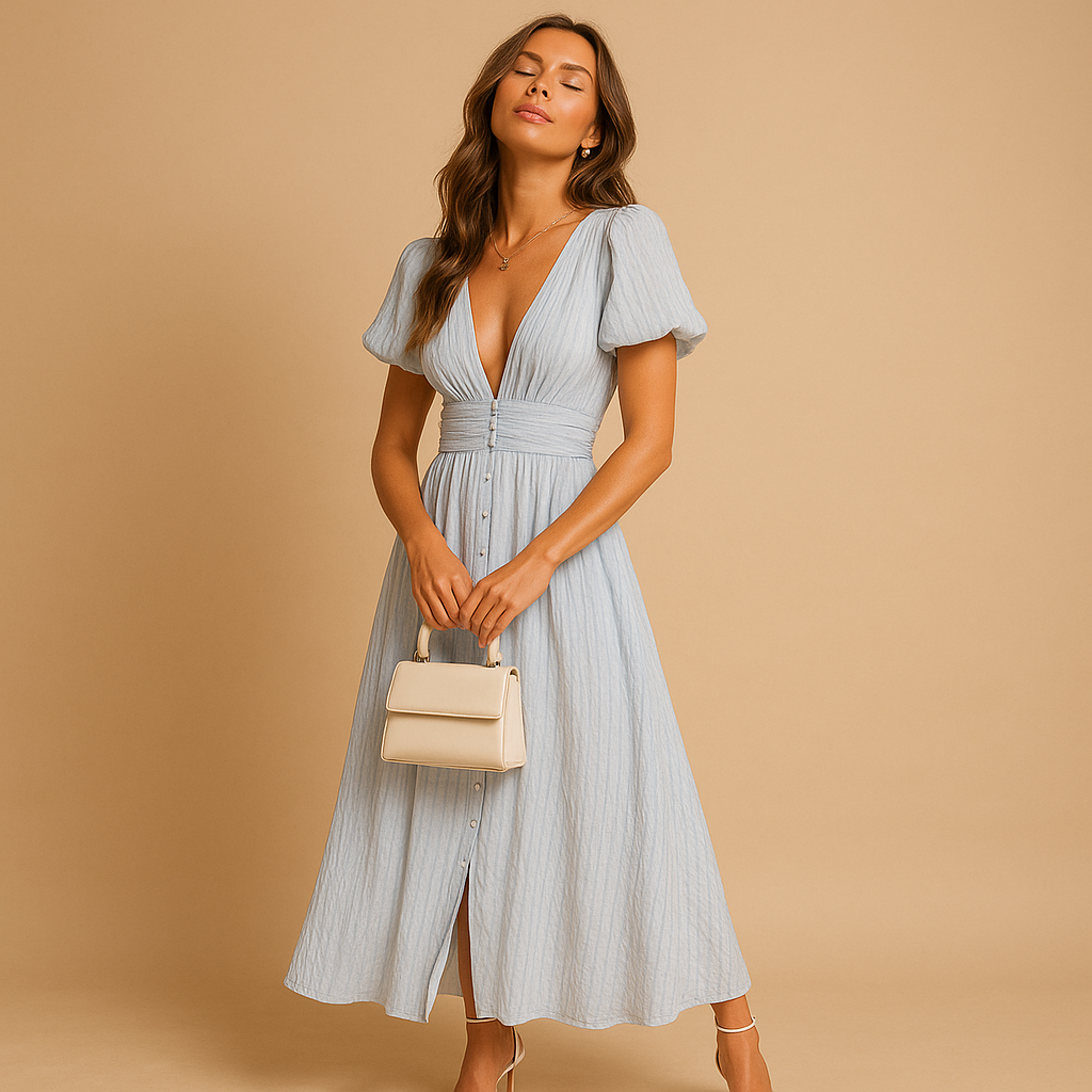 Elegantes Maxikleid mit Knopfverschluss und langen Ärmeln | Lara-Zermatt Boutique