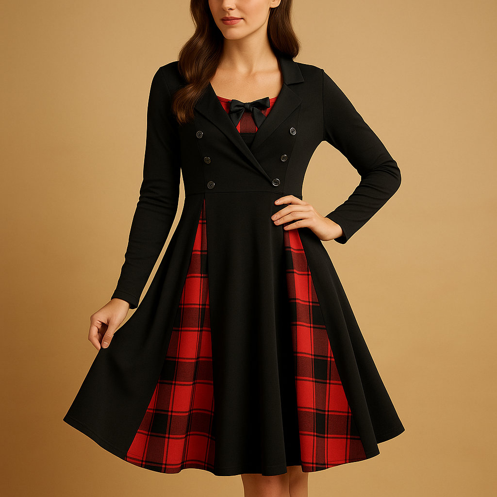 Festliches A-Line Kleid mit Knopfverschluss und kariertem Muster | Rania-Zermatt Boutique