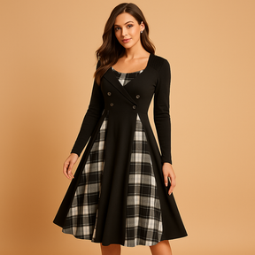 Festliches A-Line Kleid mit Knopfverschluss und kariertem Muster | Rania-Zermatt Boutique