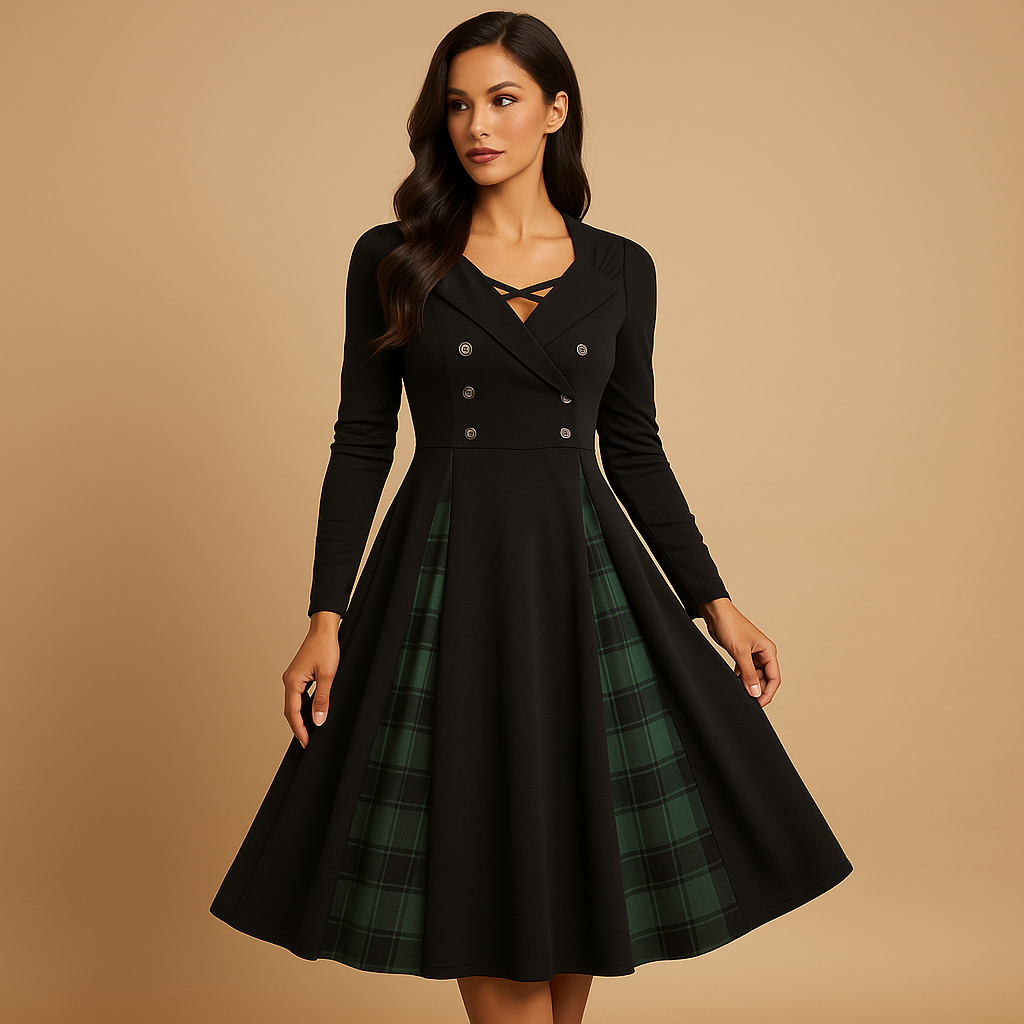 Festliches A-Line Kleid mit Knopfverschluss und kariertem Muster | Rania-Zermatt Boutique
