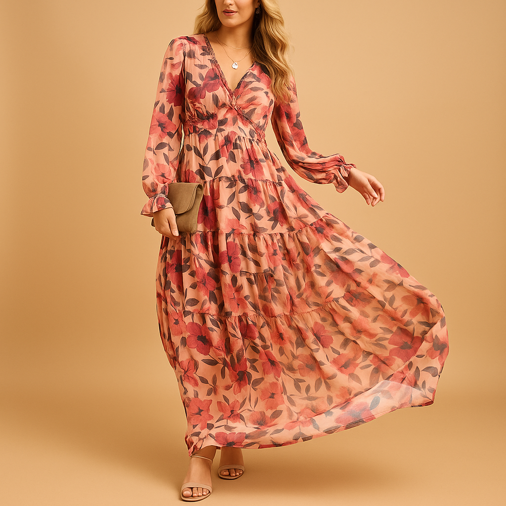 Sommerkleid lang mit Blumendruck und V-Ausschnitt | Noa-Zermatt Boutique
