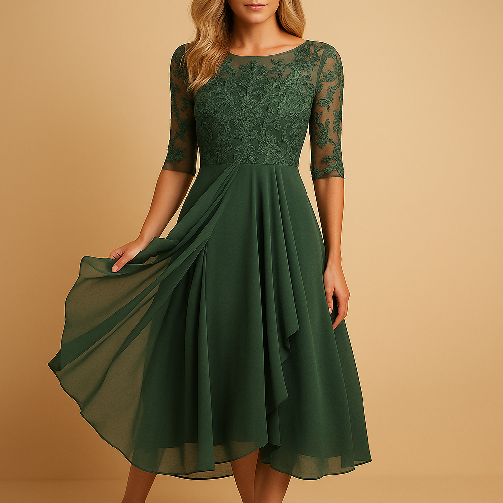 Festliches Midi Kleid mit Spitzenoberteil und asymmetrischem Rock | Livia-2