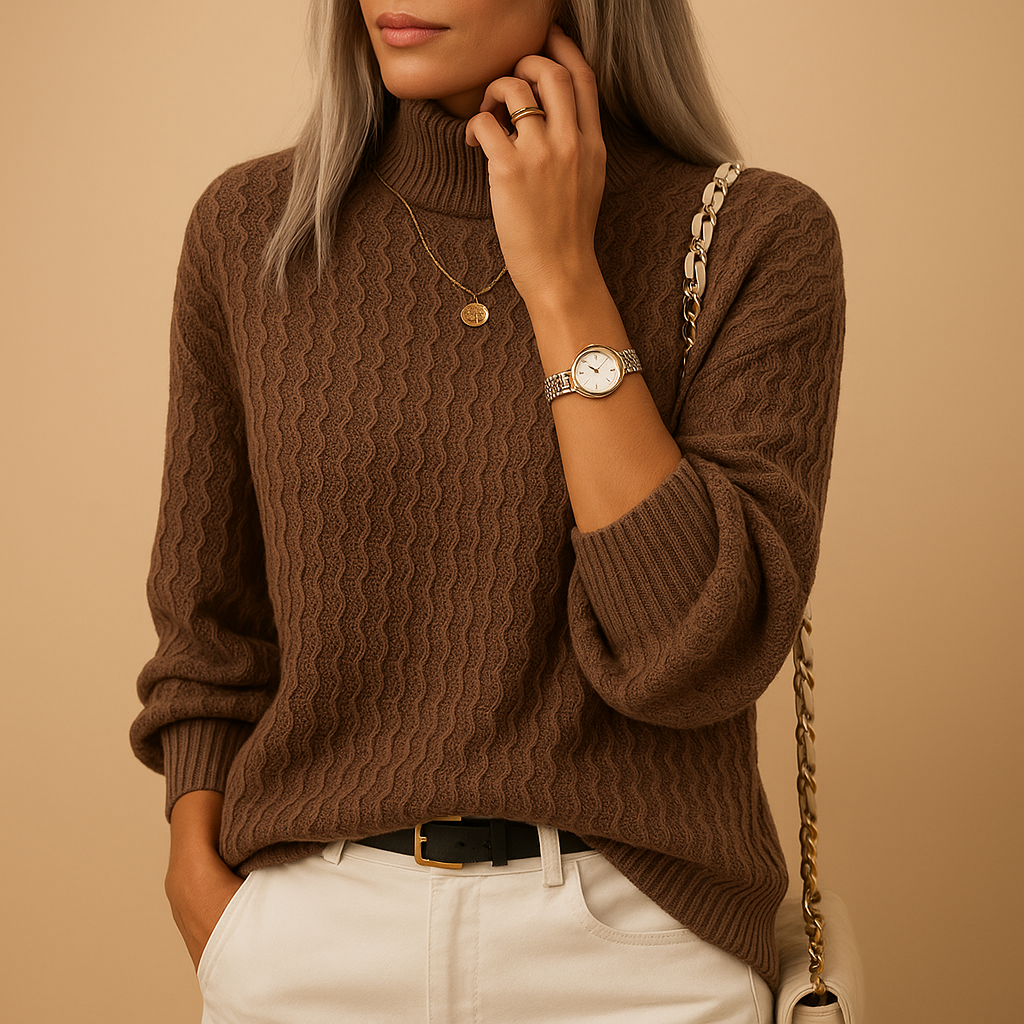 Rollkragenpullover für Damen aus feinem Strick in Apricot | Luisa-2